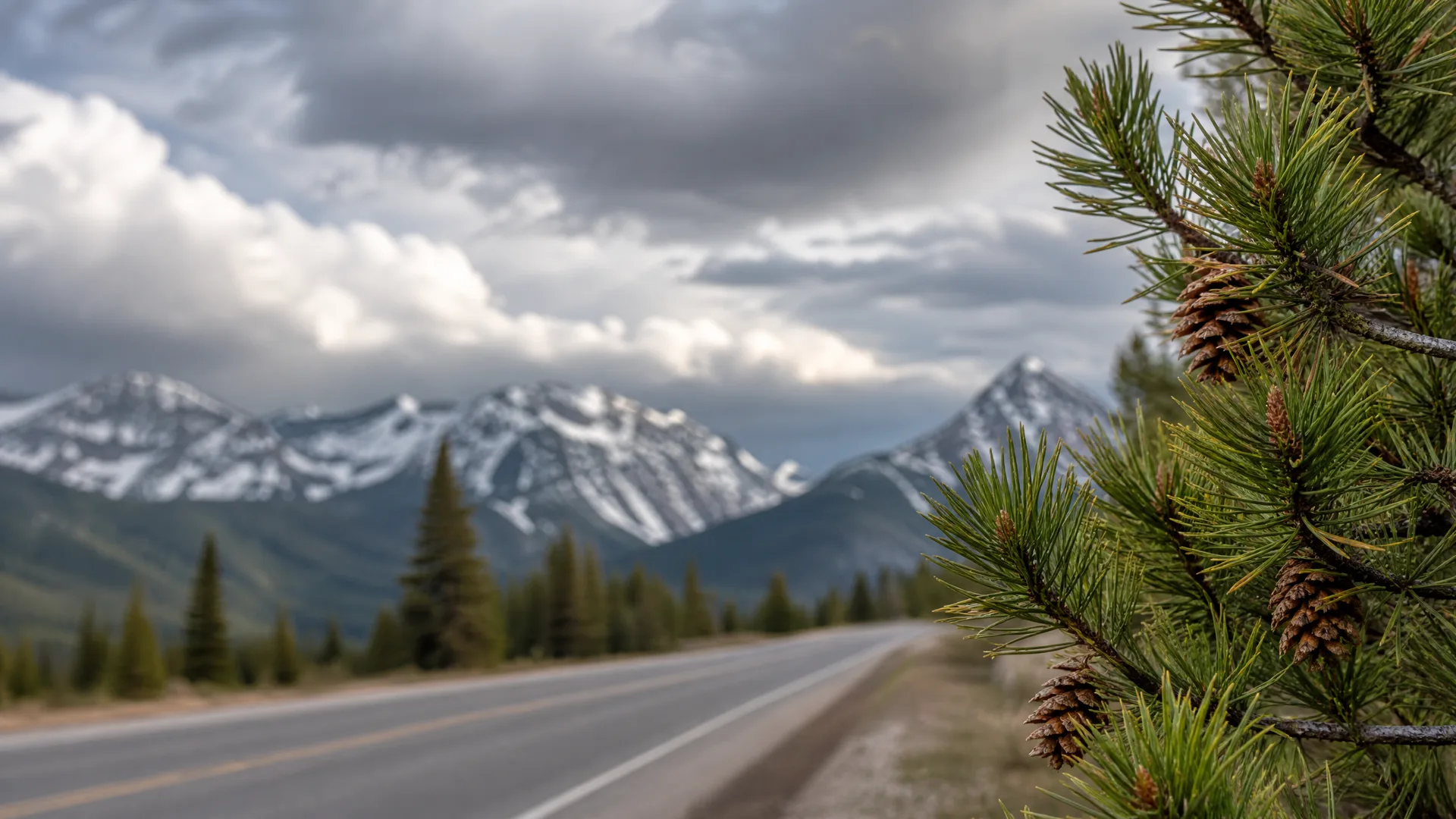 A two-lane paved road curves past conifer trees toward snow-patched mountains under a cloudy sky, with a pine branch bearing cones in sharp focus at the right edge.