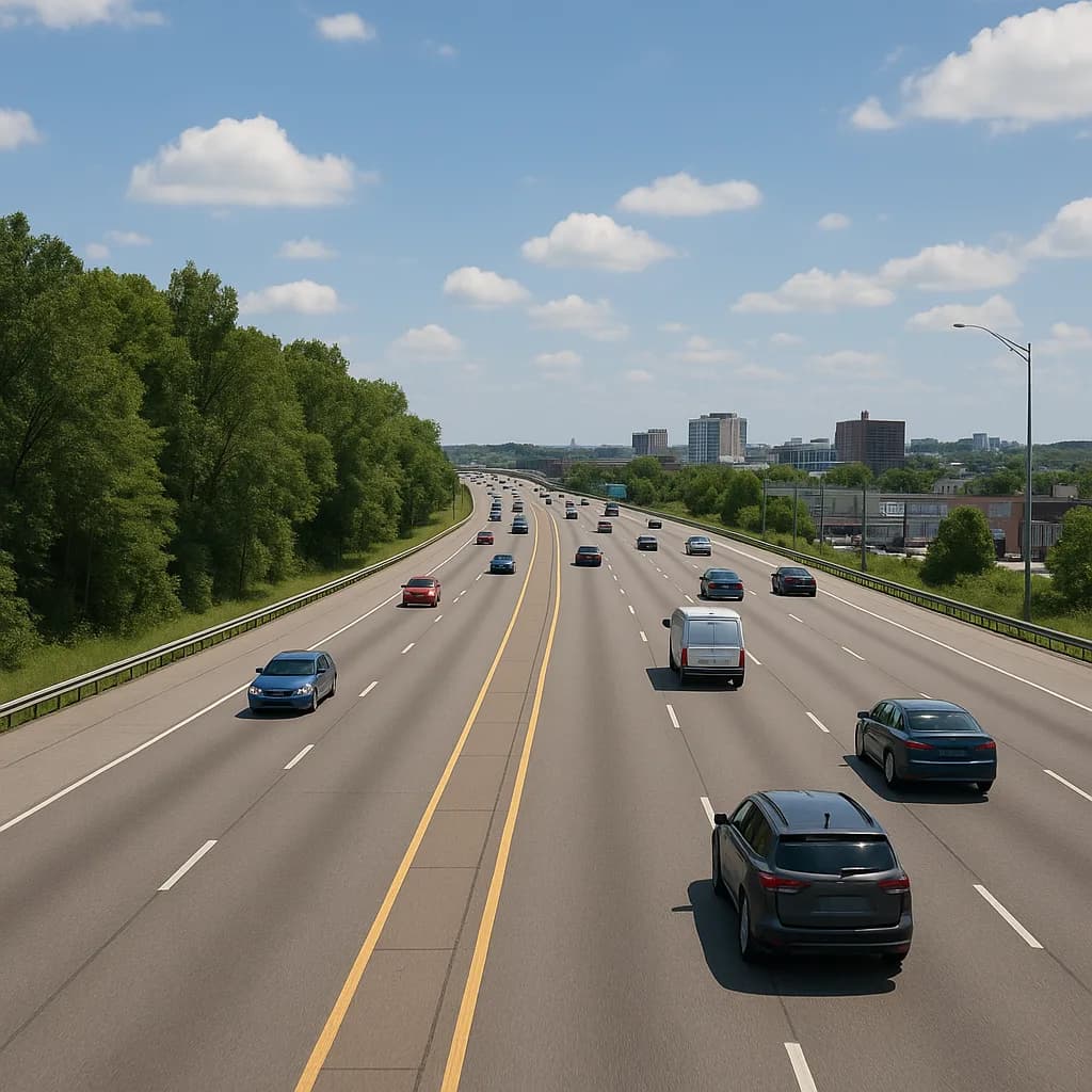 Multi-lane highway with traffic approaching city skyline, lined with green trees under blue sky