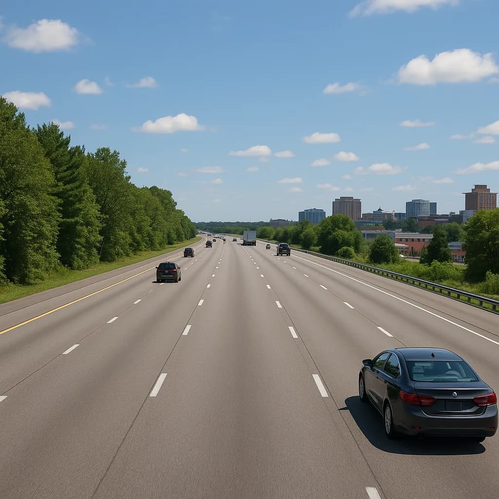 Multi-lane highway approaching city skyline with cars and green trees on sunny day