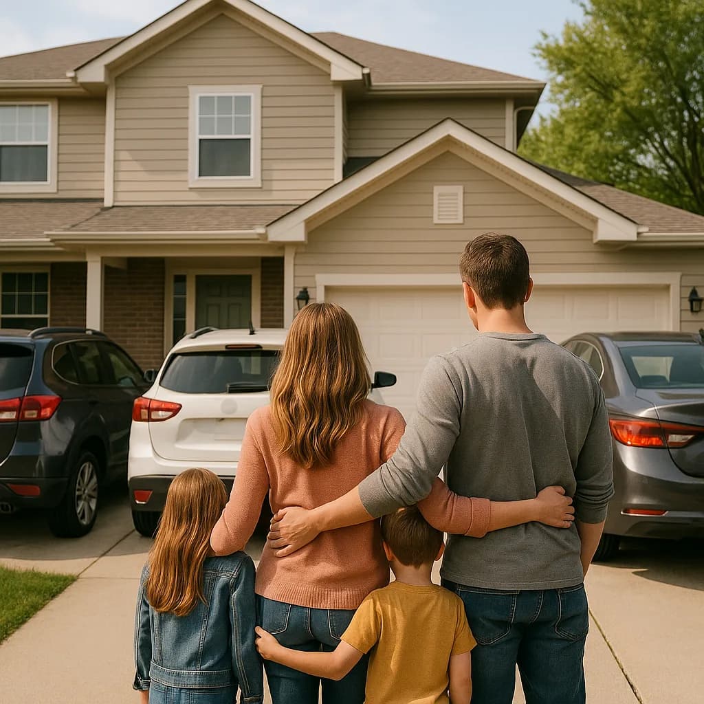 Family of four viewing their suburban home from driveway with arms around each other
