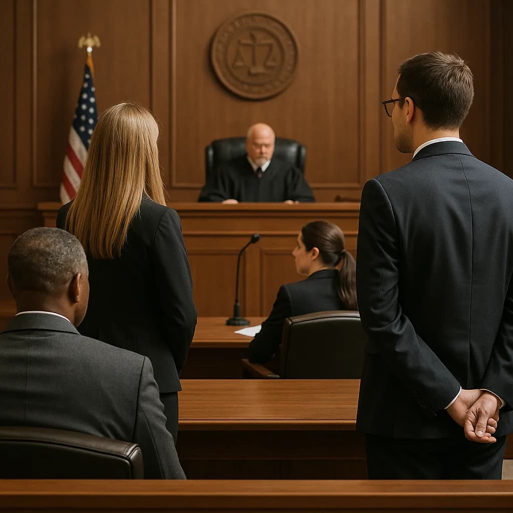 Courtroom scene with judge at bench and attorneys standing in formal legal proceeding