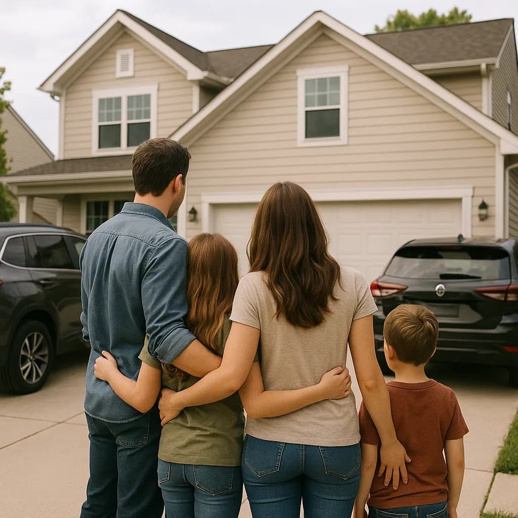 Family of four embracing while looking at their suburban home from the driveway
