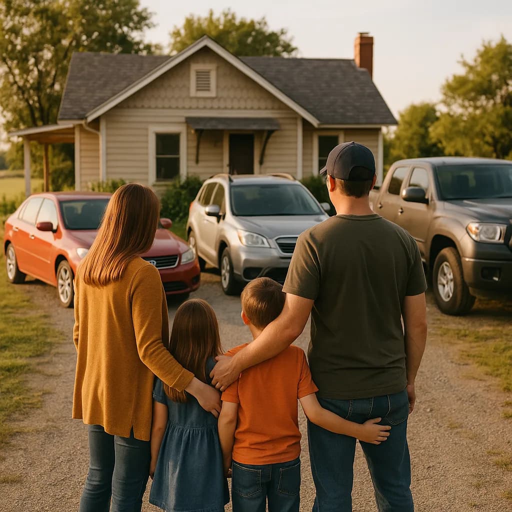 Family of four viewing their home with three cars parked in driveway during golden hour